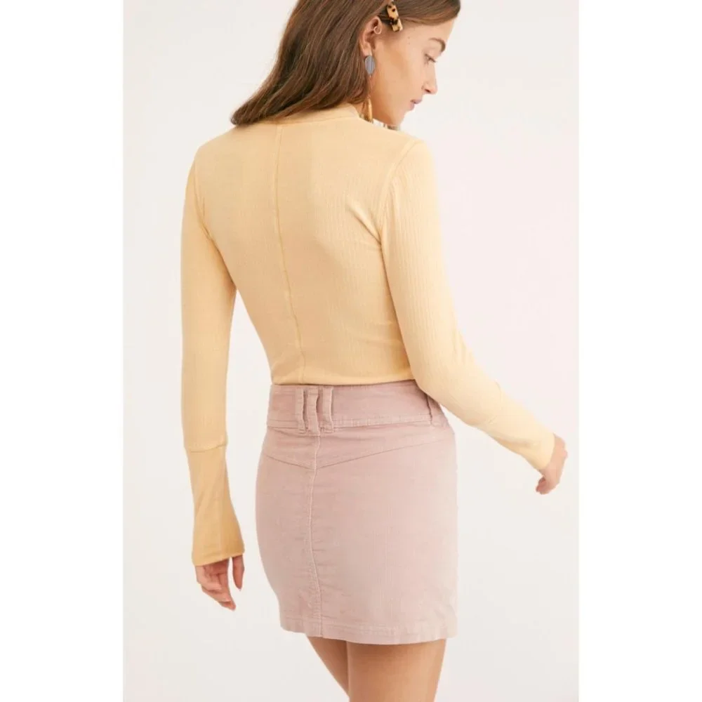 NEW Free People Joanie Cord Skirt Pink Ice Buttons Corduroy Vintage Retro Mini